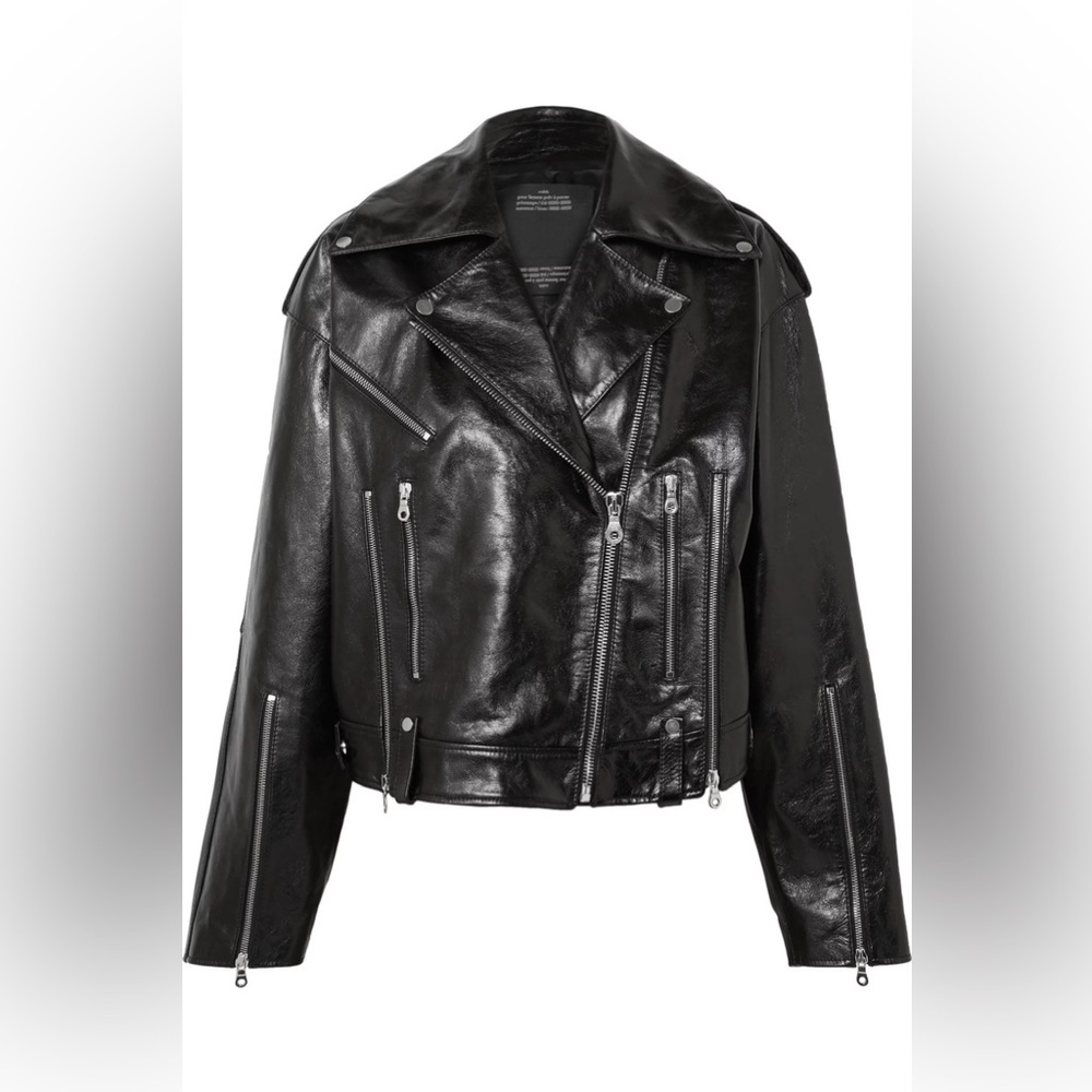 ROKH Glossed Leather Biker Jacket Oversized Silver Hardware Zipper Vents FR 36